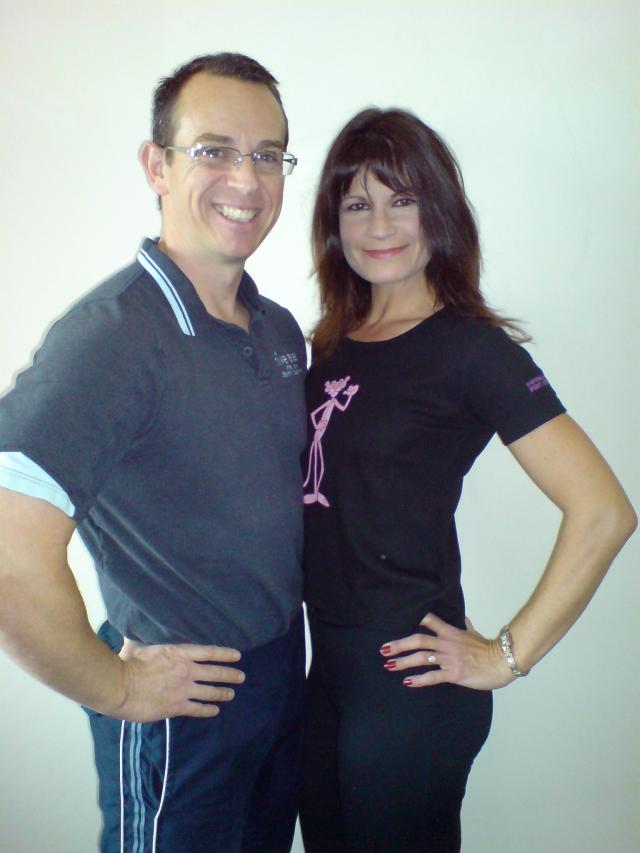 image shows: Personal Trainer Tim Sharp and Client  4 stone lighter and 10 inches of her waist!