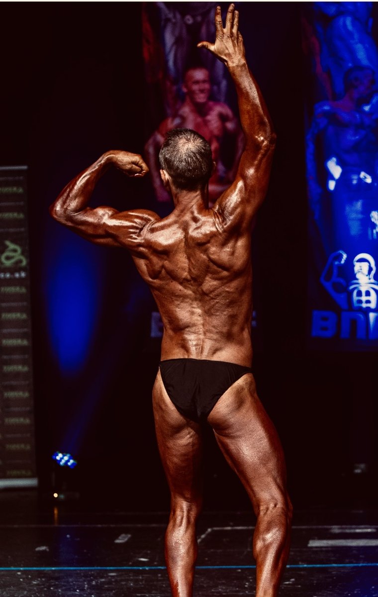 image shows: Tim poses at the 2019 BNBF Central Contest on his way to collect 3<sup>rd</sup> spot in the Over 50s category.